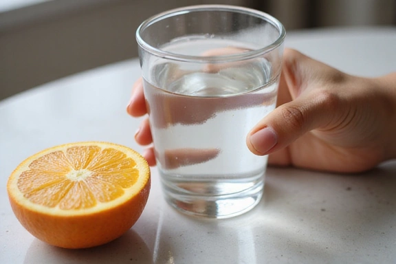 Image of someone holding a glass of water and a fruit